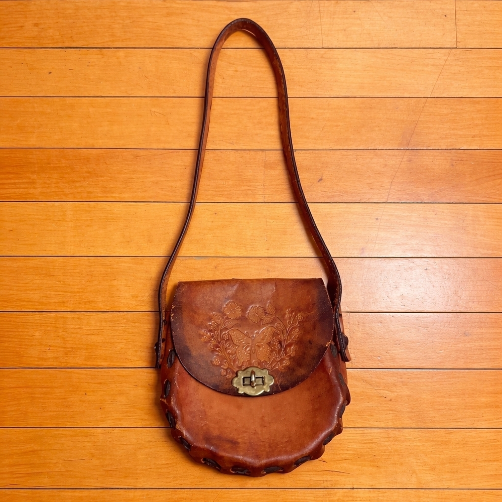 Vintage Hand Tooled Butterfly Boho Mexico Leather Shoulder Handbag Purse